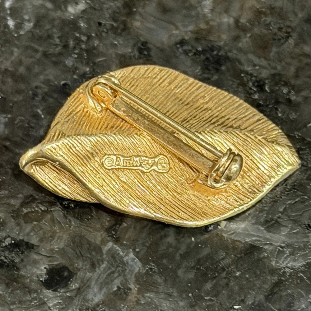 Amway Brushed Gold Tone Metal Leaf Brooch or Pendant Signed Vintage 1980's